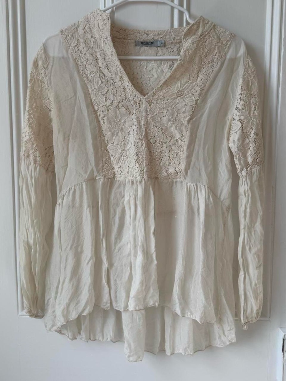 Lace Yoke V-Neck Tunic Top - Cream